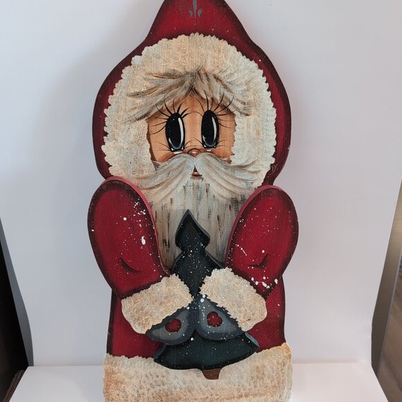 Handmade Other - Vintage Wooden Santa Hand-painted Wall Hanging Christmas Art